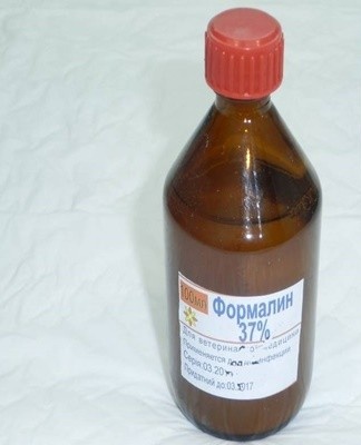 Areas of the cellar affected by mold are treated with a 40 percent aqueous solution of formalin