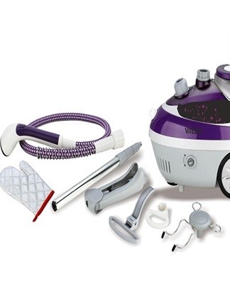 The powerful steamer is comparable in size to a vacuum cleaner, complete with a stand with a hanger.