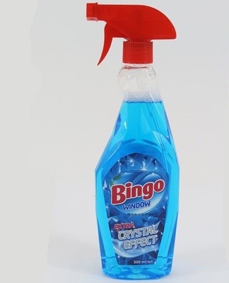 Sticky stains are sprayed with liquid window cleaner.