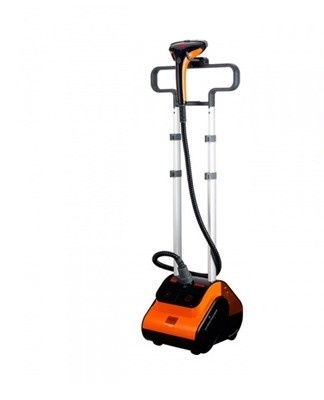 Stationary steamer with double storage rack and ironing area.