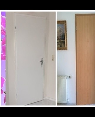 Armed with the necessary materials, they proceed to prepare the door for gluing the material.