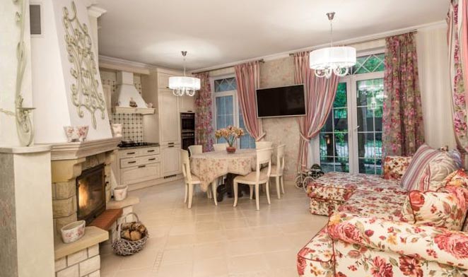 Wall panels, white furniture should contrast with bright textiles.