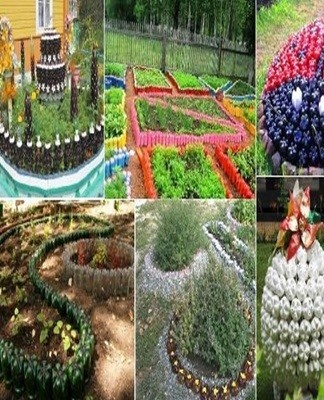 A plastic flower garden is built from bottles without a neck.