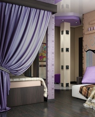 A canopy and dense drapery create a room-in-room effect.