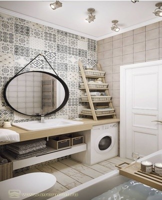 An excellent solution for the Scandinavian style would be to use multi-colored tiles with patterns.