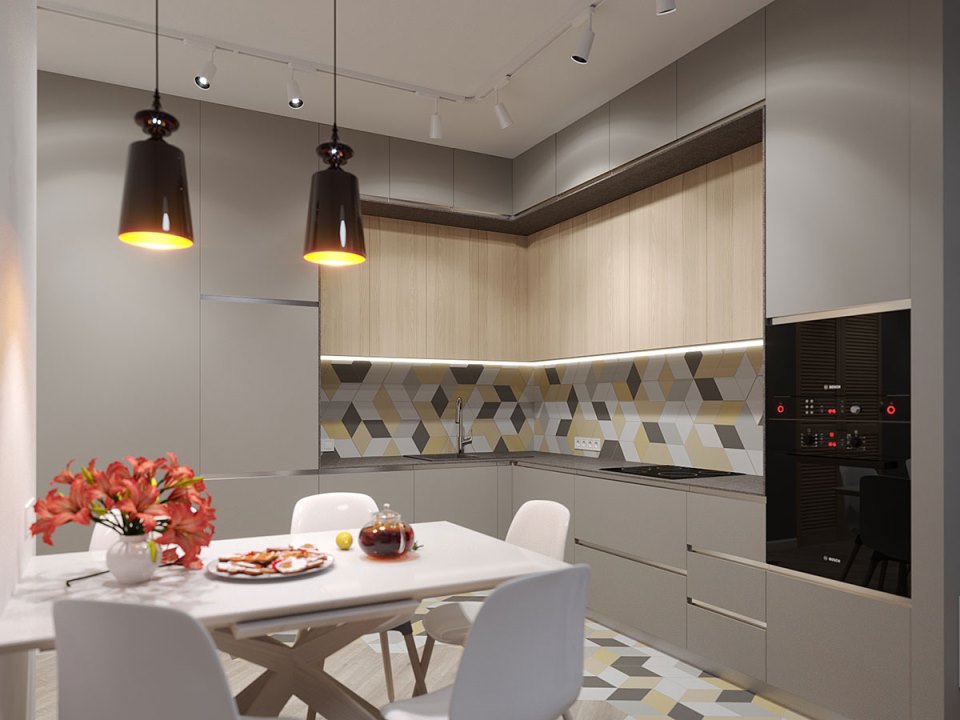 Dull countertops, made in a granite or ash color scheme, harmonize with any shades of facades.