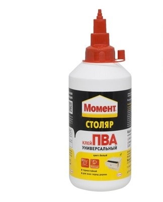 Moment Stolyar moisture resistant glue is suitable for all types of wood and reliably glues small parts,