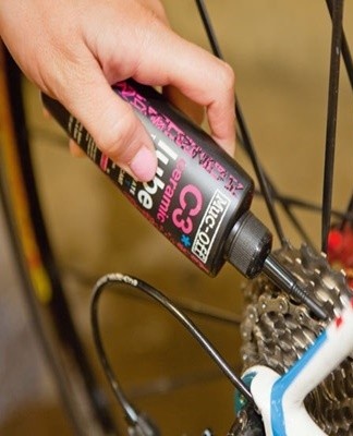 Bike parts can be lubricated with thick or liquid lubricants.