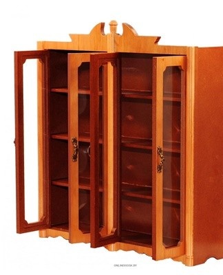 A hanging wooden cabinet, complemented by glass doors and metal handles, looks great.