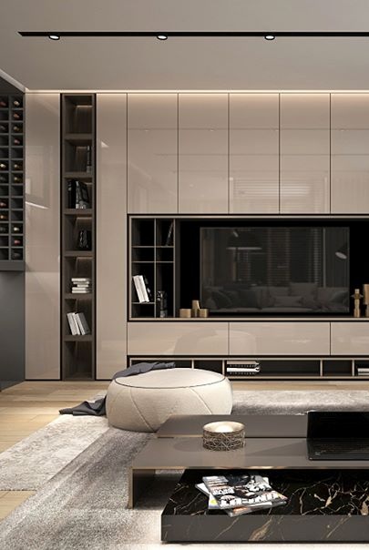 In the TV area, compactly integrated into the wall