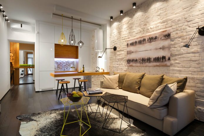The loft living room should not contain bulky textiles, but only light and functional items.