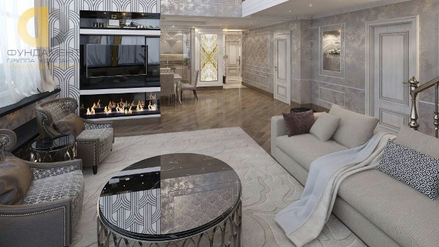 Open bio fireplace between the kitchen and the living room