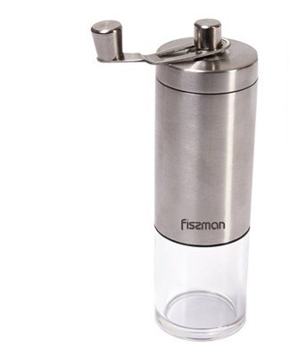 This hand grinder features a sleek design and a compact footprint.