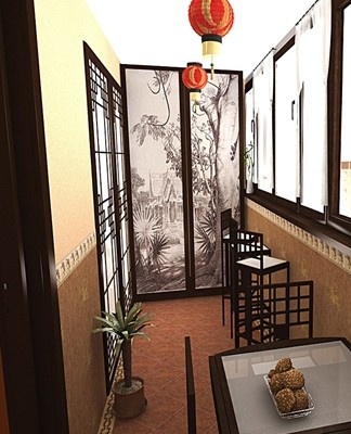 When outfitting a Japanese-style balcony, the walls are painted cream or beige and the beams are left dark to create contrast.