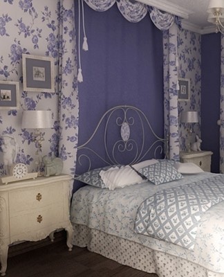 Pictures with flowers, expensive textiles complement the interior.