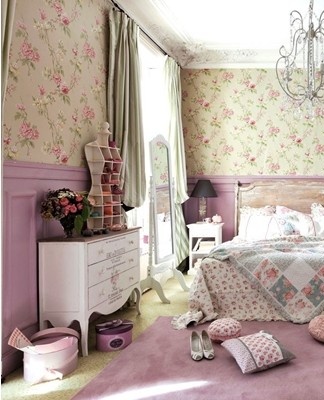 The interior of the bedroom in pink is chosen by young girls.