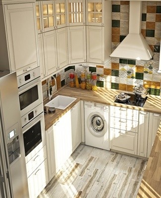 The kitchen is decorated in calm, warm, neutral or cold colors.