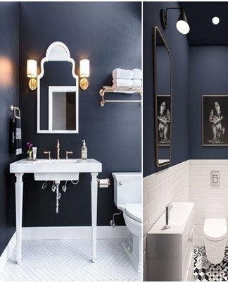 The bathroom color scheme in blue is one of the most successful.