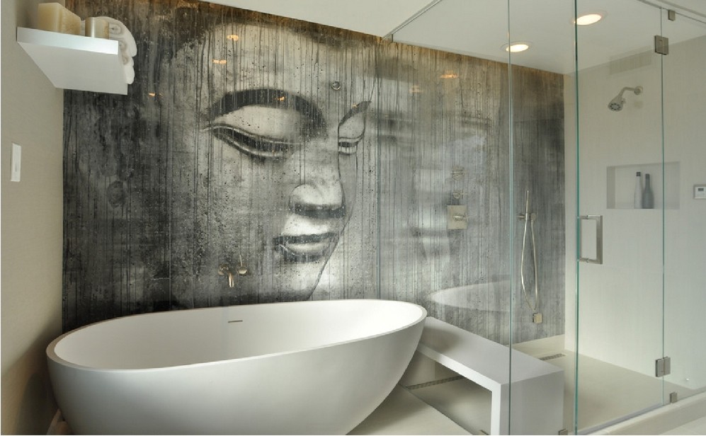 The bathroom color scheme in blue is one of the most successful.