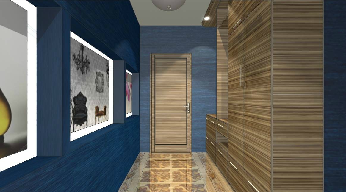 The deep blue color of the hallway decoration fills the room with freshness and creates a feeling of cleanliness.