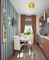Design features of a rectangular kitchen, layout and arrangement of furniture