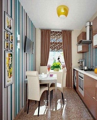 Design features of a rectangular kitchen, layout and arrangement of furniture