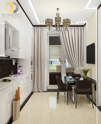 Furniture imitating wood, curtains, wallpaper, appliances, cabinets, tulle curtains look great in white tones.