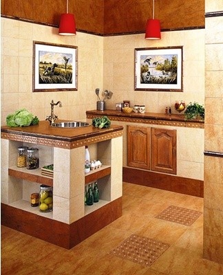 The tiled kitchen set is durable and easy to clean.
