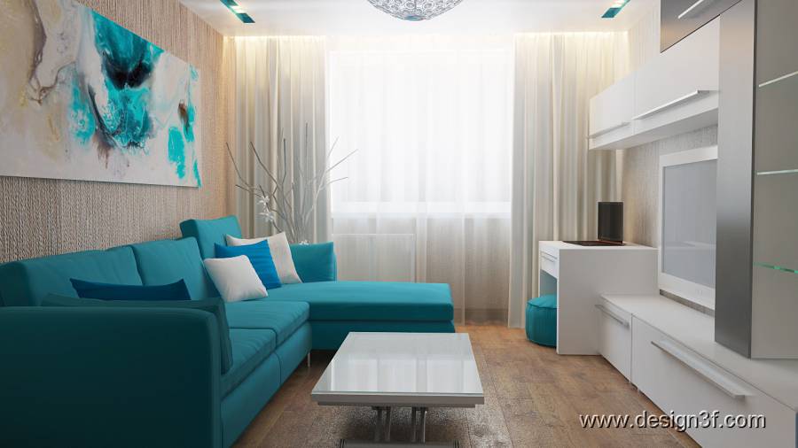 The delicate turquoise palette visually expands the space