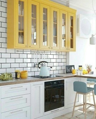 The design assumes light shades of yellow with bright accents of gray or blue.
