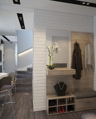 Loft-style hallway interior design, choice of materials and furniture