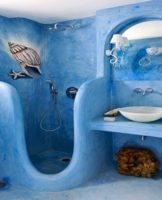 Blue color bathroom design, combination of design style shades and features