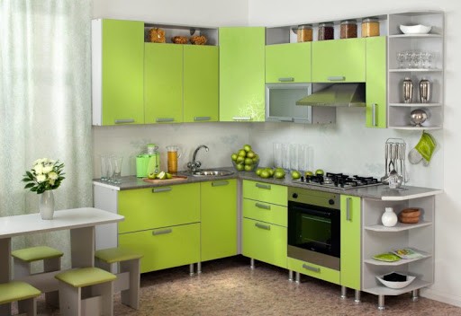 lime color kitchen with gray