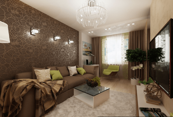 living room design in brown tones