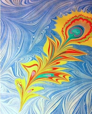 During the marble process, the first drops of paint materials will dissolve and the next ones will spread on the surface of the water.