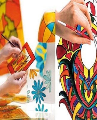 Pieces of multicolored glass are fired, while objects are placed on the glass and fired into the surface.